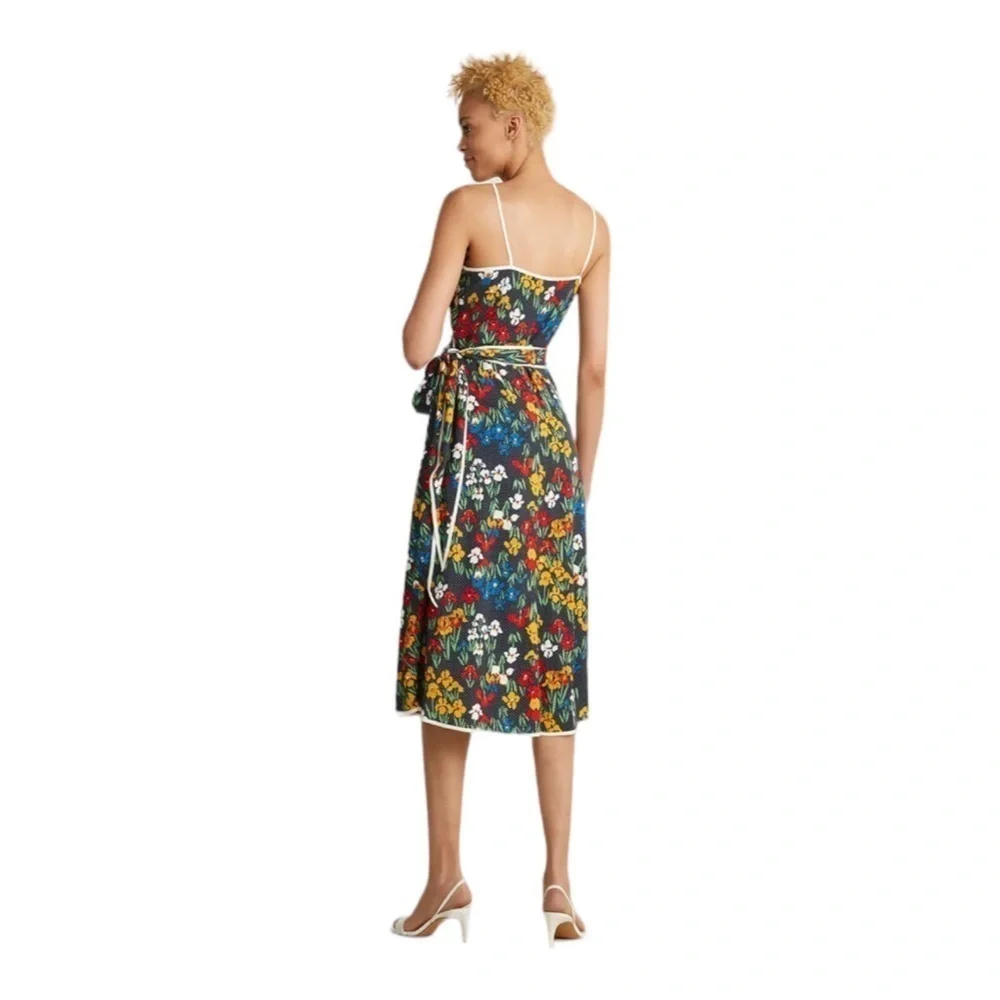 TORY BURCH Navy Blue Floral Grotto Midi Wrap Dress Size 8